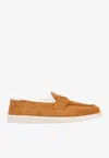 Prada St Tropez Suede Shearling Loafers In Brown