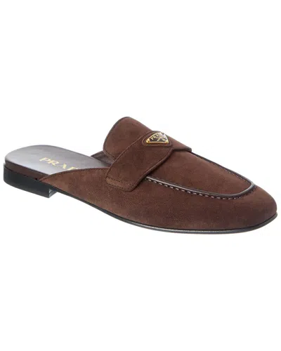 Prada Logo Suede Mule In Brown