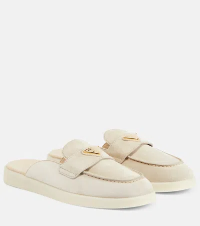 Prada Logo Suede Slippers In Beige