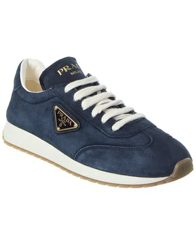Prada Logo Suede Sneaker In Blue