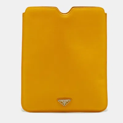 Pre-owned Prada Logo Tablet Case Yellow Saffiano Lux Leather