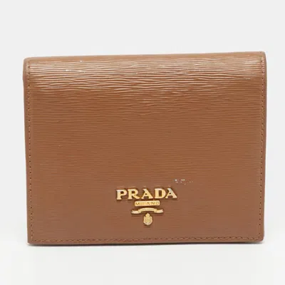 Pre-owned Prada Logo Tan Vitello Moved Leather Card Case In Brown
