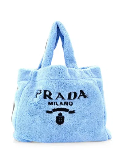 Pre-owned Prada Logo Terry Cloth Tote Bag In Blue