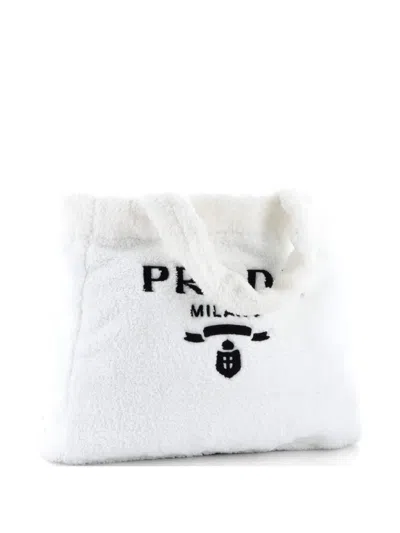 Pre-owned Prada Logo Terry Cloth Tote Bag In Neutral