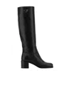 Prada Knee-high Leather Block Heel Boots In Black