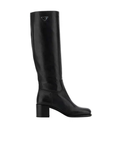 Prada Logo Thigh-high Boots In Black