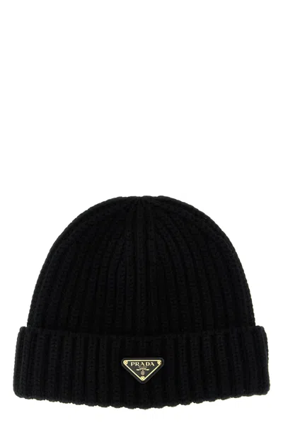 Prada Logo Triangle Beanie In Black
