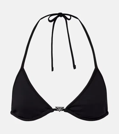 Prada Logo Triangle Bikini Top In Black
