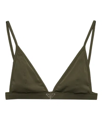 PRADA LOGO-TRIANGLE FINE-RIBBED BIKINI TOP