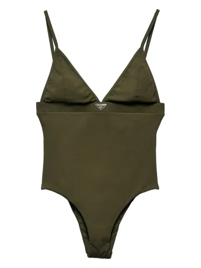 PRADA LOGO-TRIANGLE FINE-RIBBED SWIMSUIT