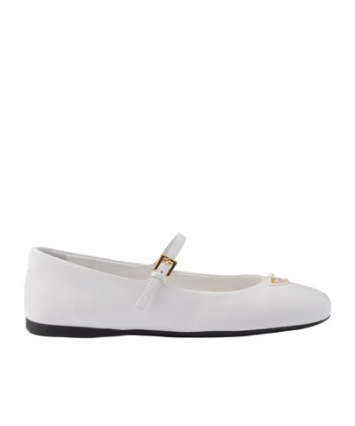 Prada Leather Ballerinas With Round Toe And Buckle Detail In White