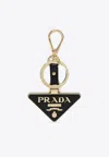 Prada Logo Triangle Metal And Leather Key-ring In Black