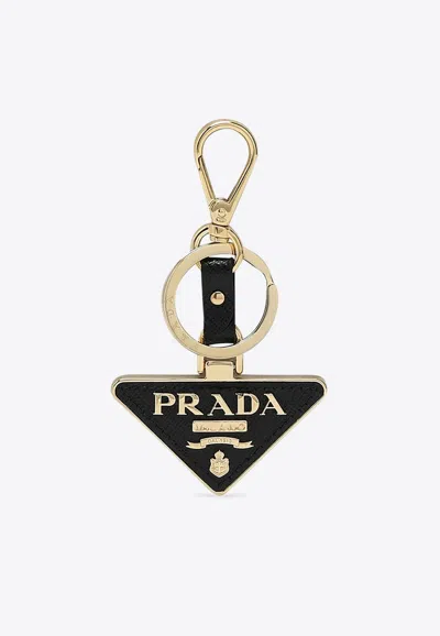 Prada Logo Triangle Metal And Leather Key-ring In Black