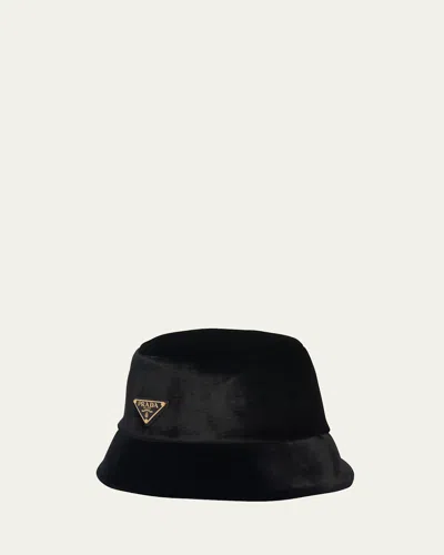 Prada Logo Velvet Bucket Hat In Black