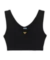 Prada Triangle Logo Ribbed Jersey Crop Top In Black