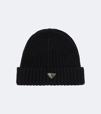 Prada Logo Virgin Wool Beanie In Black