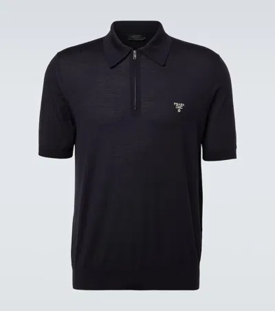Prada Logo Virgin Wool Polo Shirt In Blue
