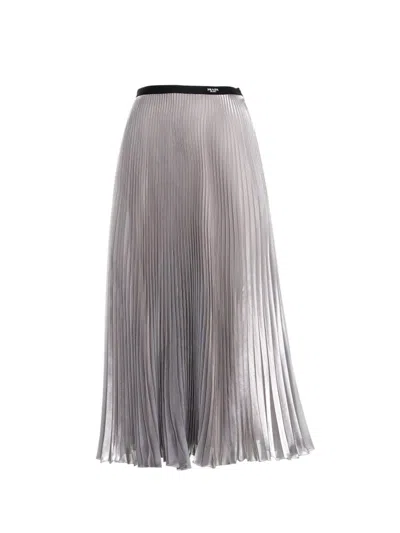Prada Logo Waistband Pleated Midi Skirt In Silver