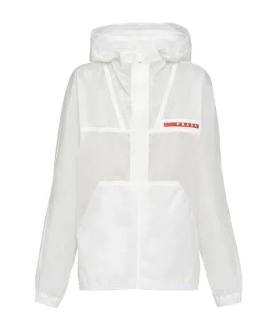 Prada Logo Windproof Hooded Raincoat In White