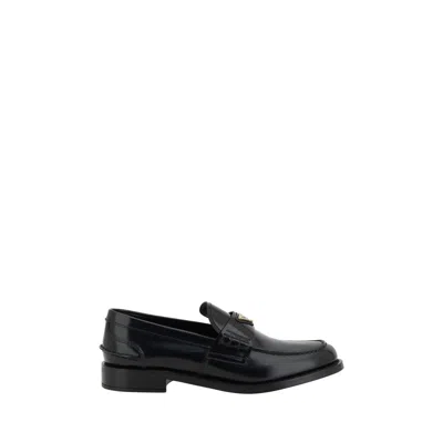 Prada Leather Loafers With Decorative Buckle And Round Toe In Black
