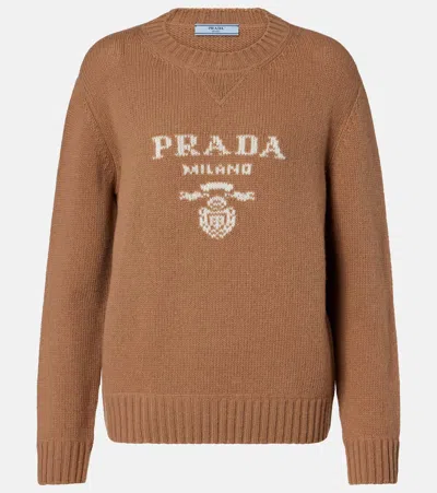 Prada Logo Wool And Cashmere Sweater In Brown