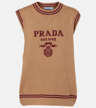 Prada Logo Wool And Cashmere Sweater Vest In Brown