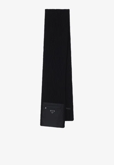 Prada Logo Wool Scarf With Pocket In Black