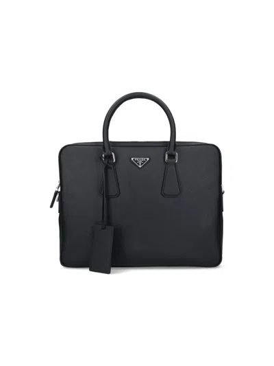 Prada Logo Work Bag In Black