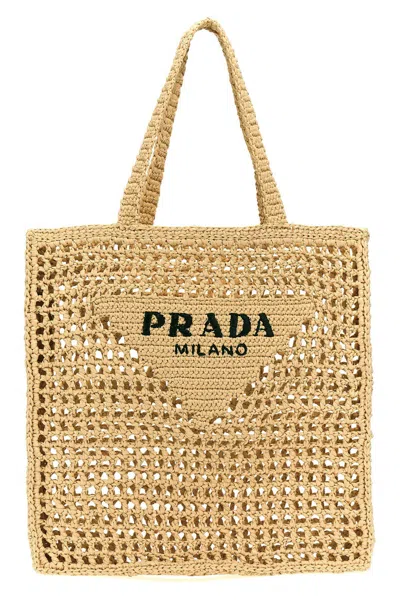 Prada Logo Woven Fabric Shopping Bag In Nude
