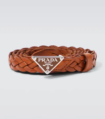 Prada Logo Woven Leather Belt In Neutral