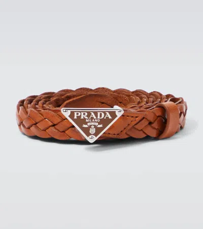 Prada Logo Woven Leather Belt In Brown