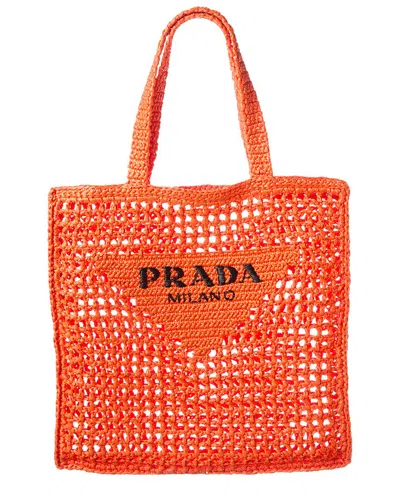 Prada Logo Woven Raffia Tote In Orange