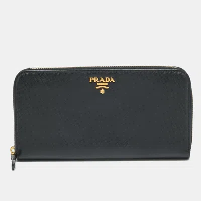 Pre-owned Prada Logo Zip Black Saffiano Leather Continental Wallet