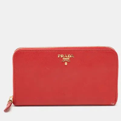 Pre-owned Prada Logo Zip Red Saffiano Metal Leather Continental Wallet