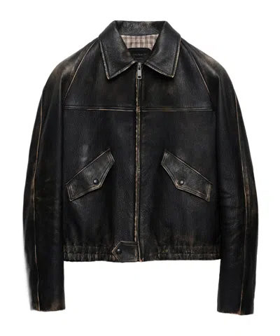 Prada Logo Zipper Leather Jacket In Black