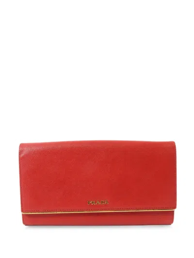 Pre-owned Prada Logo-detail Calfskin Long Wallet In Red
