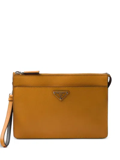 Prada Logo-detail Leather Pouch In Brown