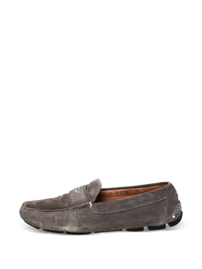 Pre-owned Prada Logo-detail Suede Loafers In Gray