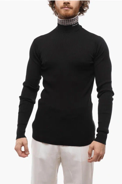 Prada Logoed Turtle-neck Cotton Pullover In Black