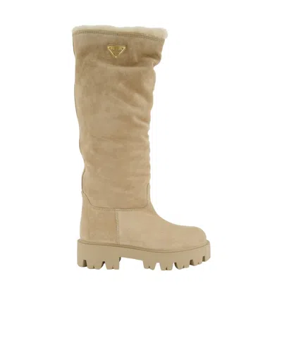 Prada Logo-embellished Tall Boots In Neutral