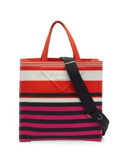 Pre-owned Prada Logo-embossed Stripe Tote Bag In Black