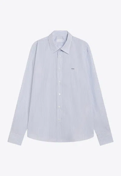 Prada Logo-embroidered Buttoned Shirt In Blue