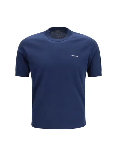 Prada Logo-embroidered Cotton Crew T-shirt In Blue