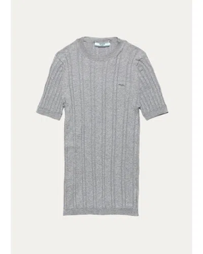 Prada Logo-embroidered Cotton Ribbed Short-sleeve Sweater In Gray