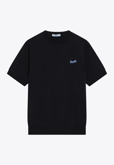 Prada Logo-embroidered Crewneck T-shirt In Black