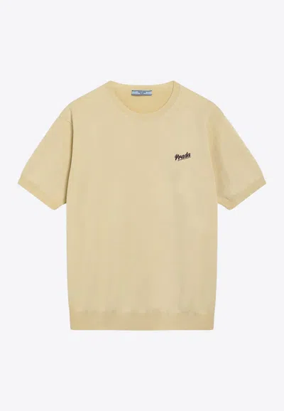 Prada Logo-embroidered Crewneck T-shirt In Neutral