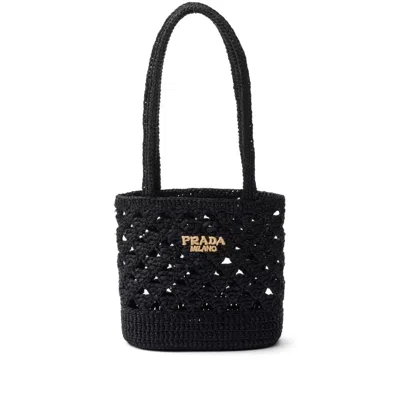 Prada Logo-embroidered Crochet Shoulder Bag In Black