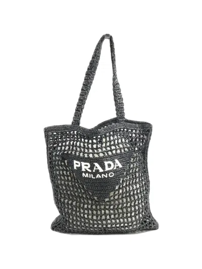 Pre-owned Prada Logo-embroidered Raffia Tote Bag In Black