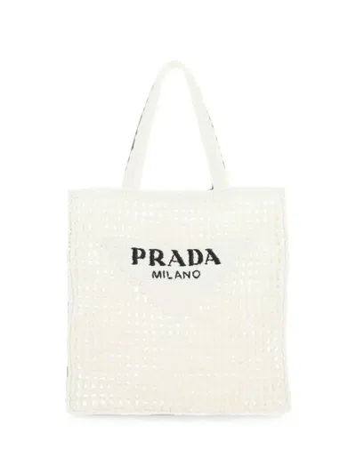 Prada Logo-embroidered Raffia Tote Bag In Orange