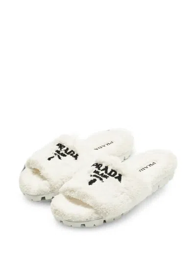 Pre-owned Prada Logo-embroidered Terry-texture Sandals In White